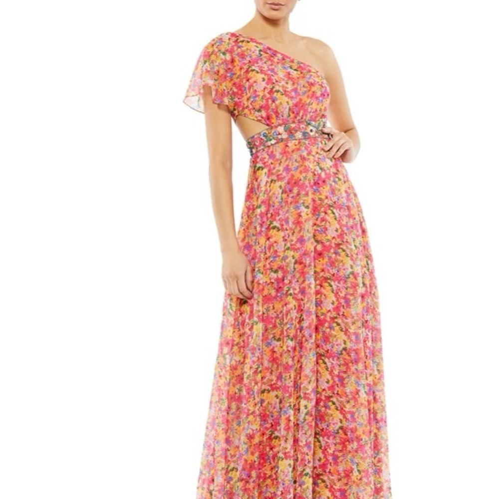 Mac Duggal NWT #9157 Pink Floral One Shoulder Gown with Flutter Sleeve s… - Picture 2 of 12